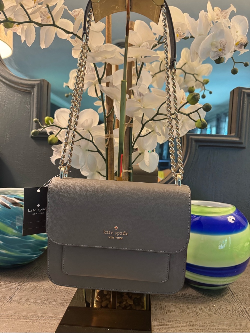 NWT Kate Spade Gray Leather Adjustable Chain-Handle Shoulder or Crossbody $349 💖